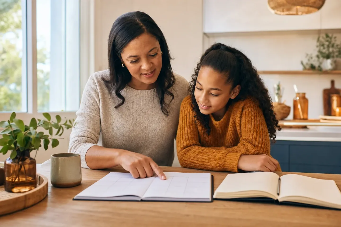 A mother and her daughter sit together at a kitchen table, working through a planner as they prepare for a school application.