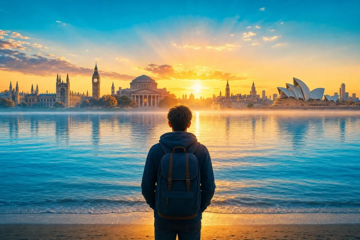 Student with a backpack looking across water toward a sunrise skyline of global university landmarks