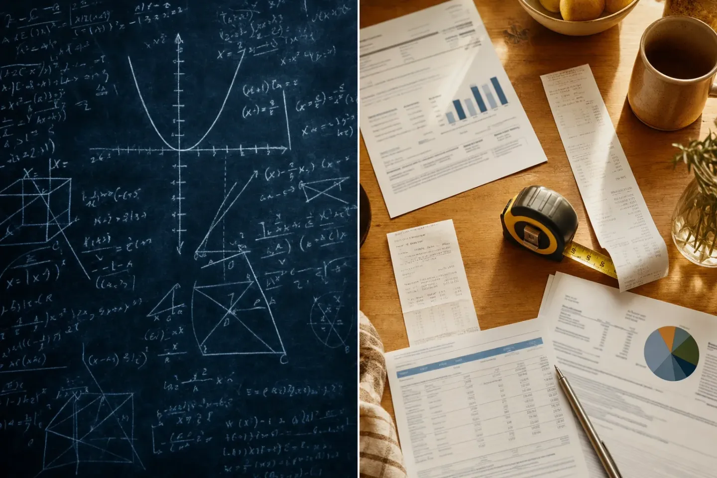A split image contrasting the two subjects: a chalkboard covered in algebra, a parabola and geometry on the left, and a sunlit kitchen table of household bills, a till slip, a tape measure and a budget with charts on the right