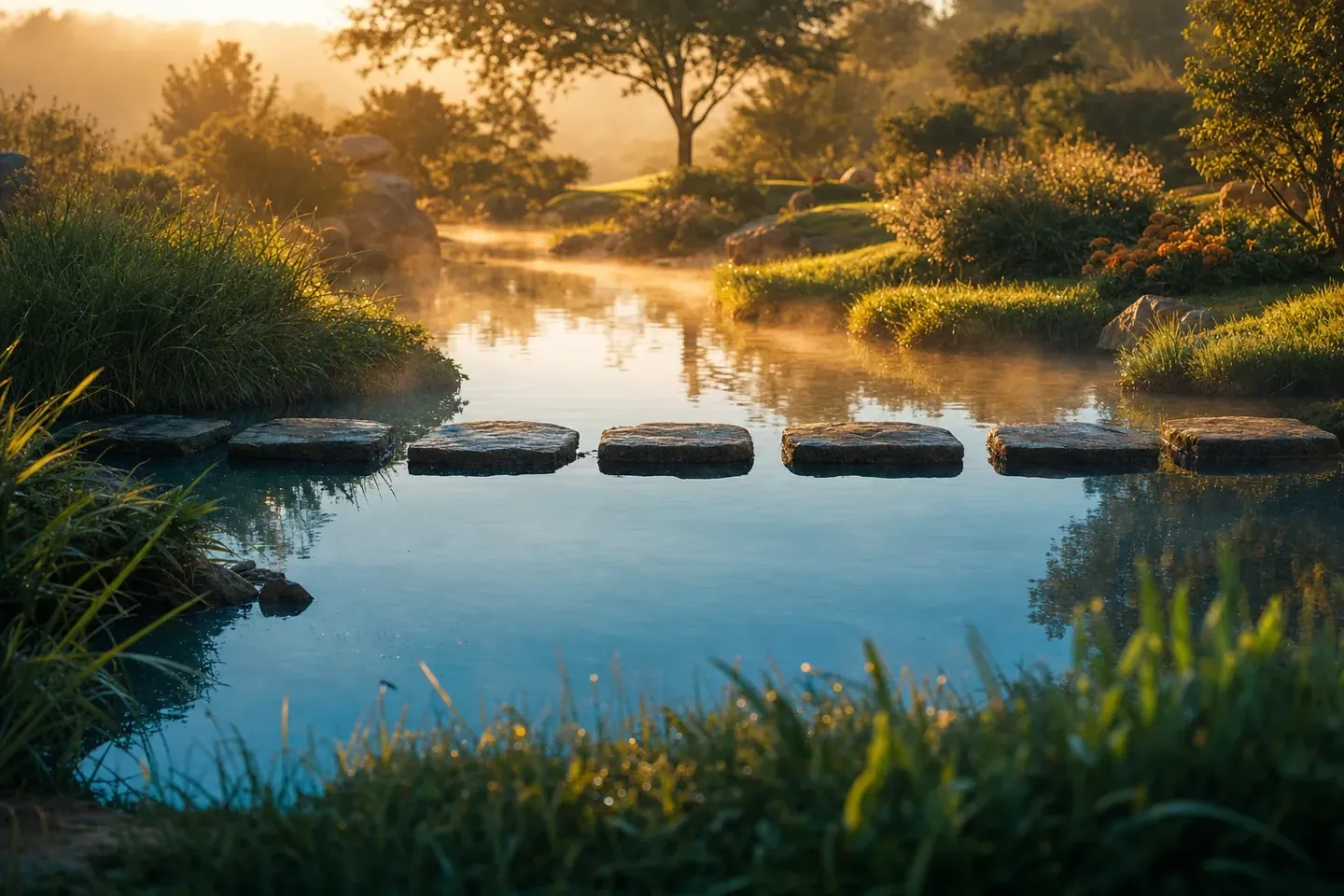 Stepping stones crossing still water between two grassy banks in early morning light